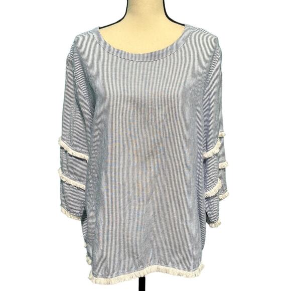 Cynthia Rowley Linen Cotton Blend Long Sleeve Blue & White Stripe Blouse 1X - Picture 1 of 10